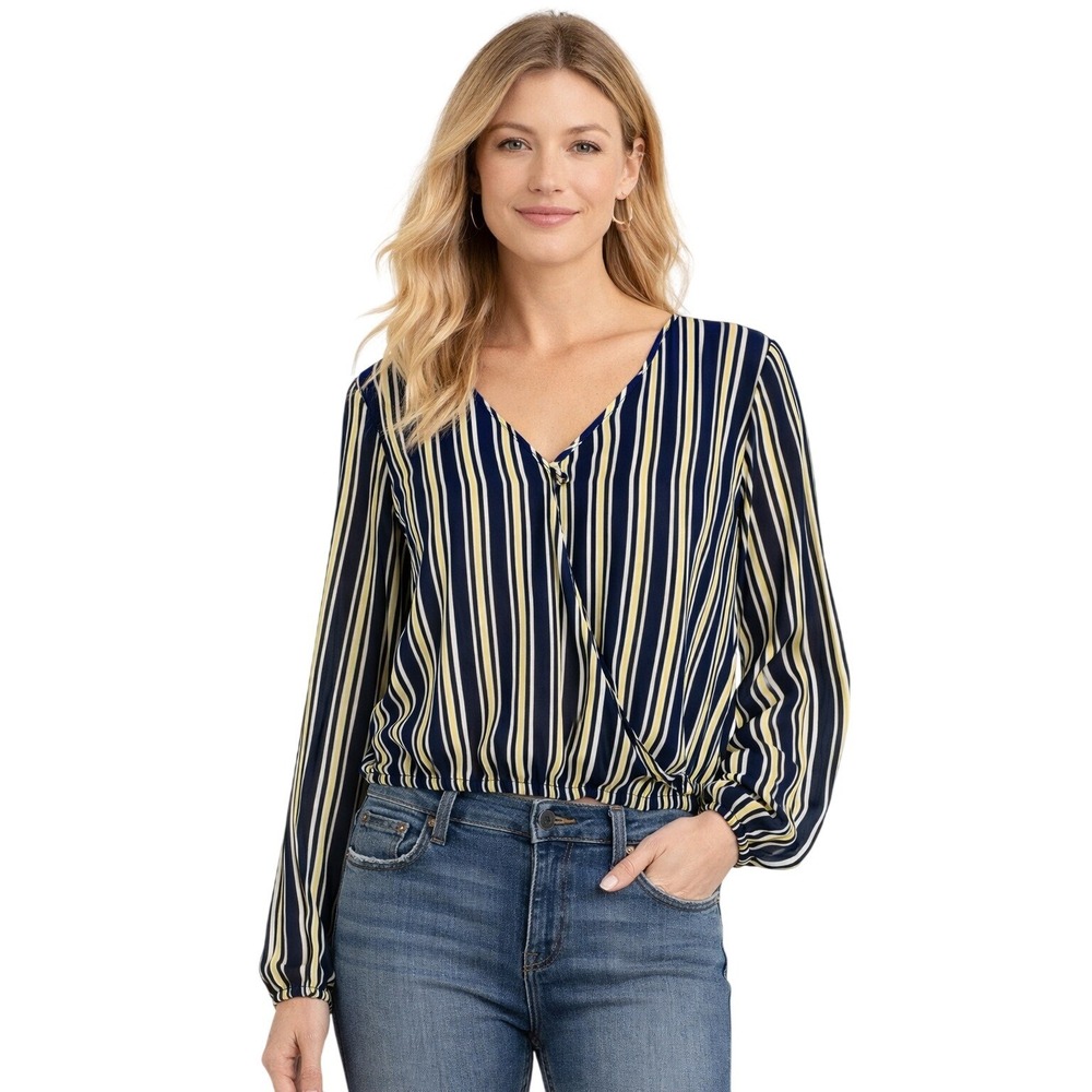 Love J Blouse Women XL Black Yellow White Striped Surplice VNeck Long Sleeve Top